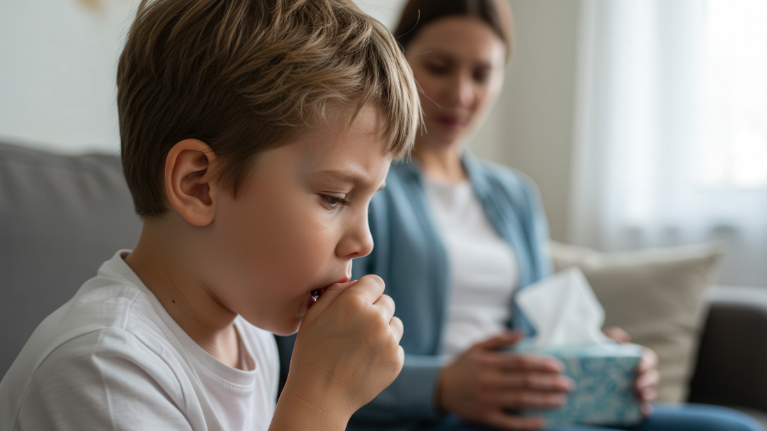 Choré dieťa kašle, v pozadí je vidieť jeho mamu.