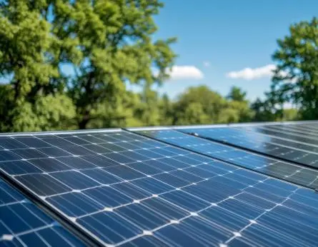 Eine saubere, moderne Solaranlage auf dem Dach. Grüne Bäume im Hintergrund.