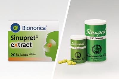 Zu sehen sind das aktuelle Produkt Sinupret eXtract aus der heutigen Zeit sowie eine alte Sinupret-Dose aus den Anfängen der Unternehmensgeschichte